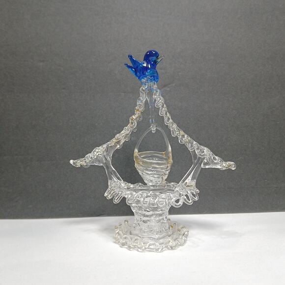Hand Blown Spun Art Glass Mini Bluebird on top of Well Mini 4" Figurine - Picture 1 of 9